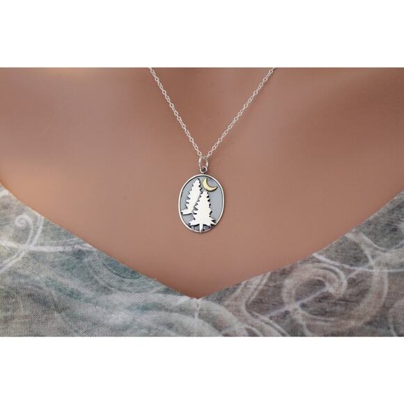 Sterling Silver Pine Tree Charm with Bronze Moon Necklace - Picture 1 of 5